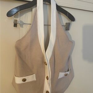 Beige and White Halter Vest with Gold Buttons